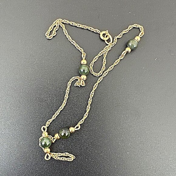 Choker Necklace Gold Tone Chain Green Stone Beads 15 Inch Length - Picture 3 of 5